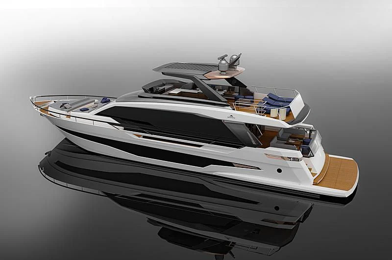 a white boat with a black and silver body aboard LILY Yacht for Sale