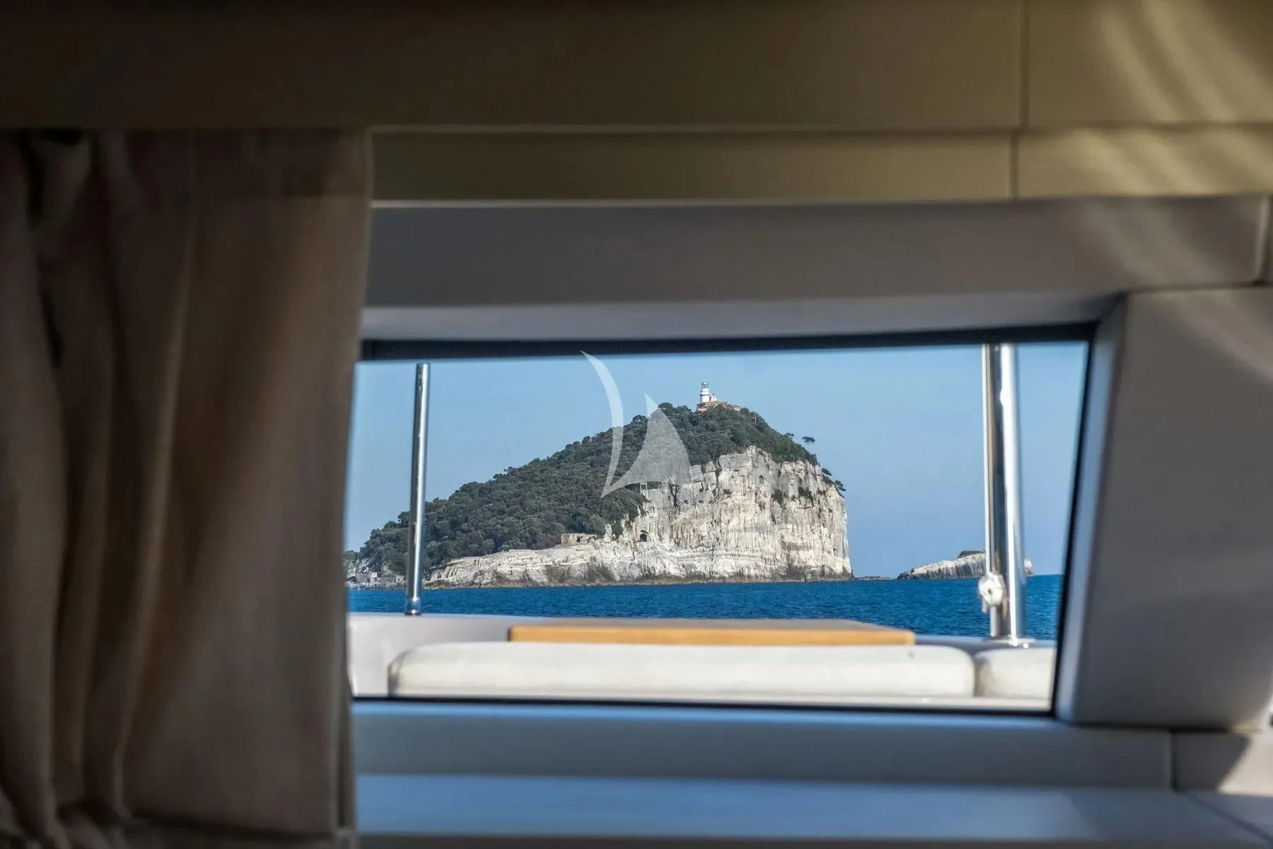 a view of a mountain from a window aboard AKIRA Yacht for Sale