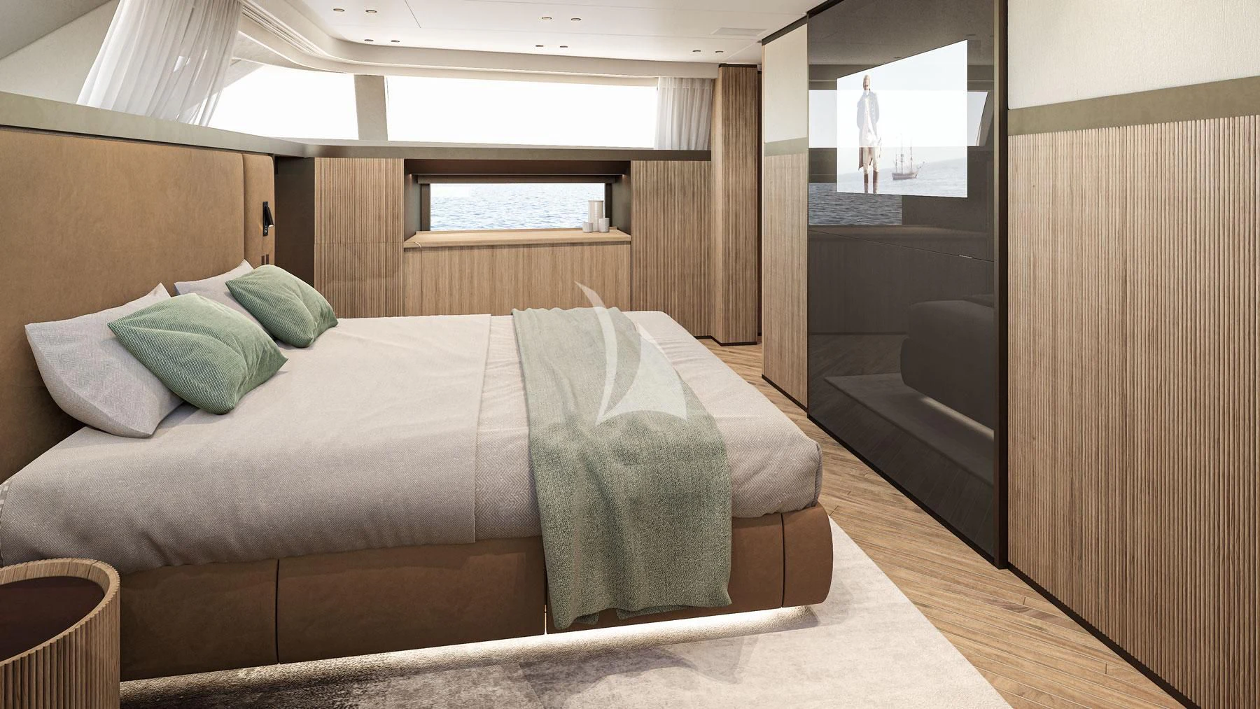 a bed in a room aboard AKIRA Yacht for Sale