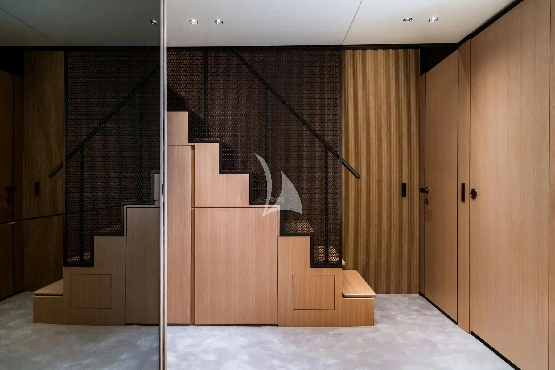 a room with a bed and a desk aboard AKIRA Yacht for Sale