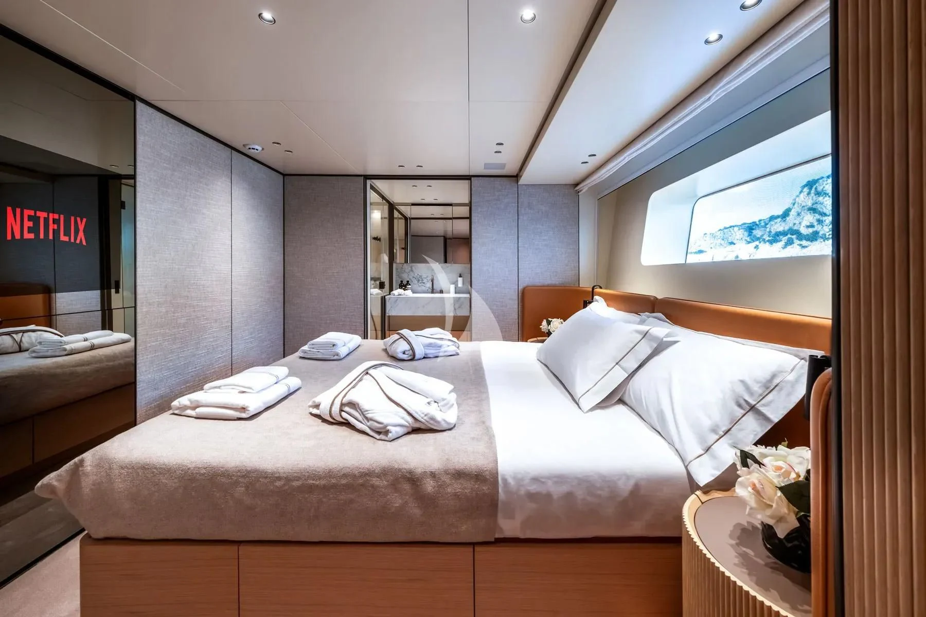a bed in a room aboard AKIRA Yacht for Sale