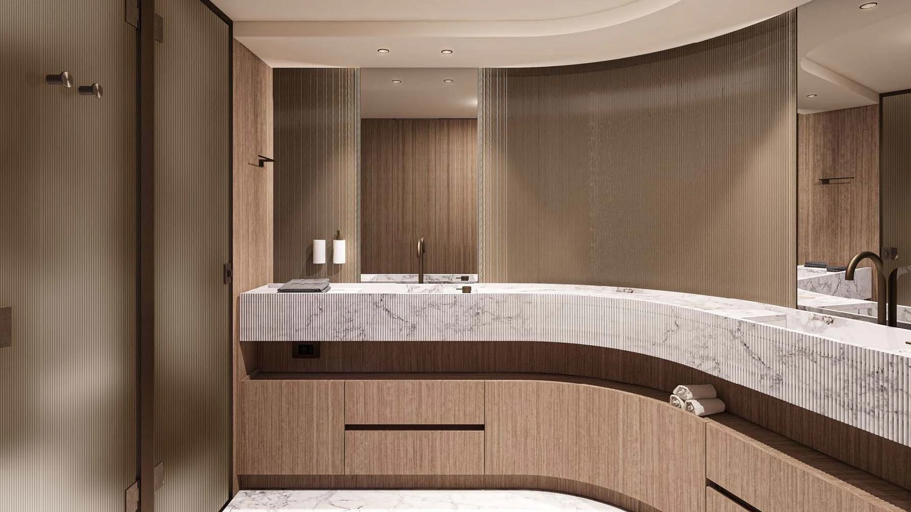 a bathroom with a large countertop aboard AKIRA Yacht for Sale
