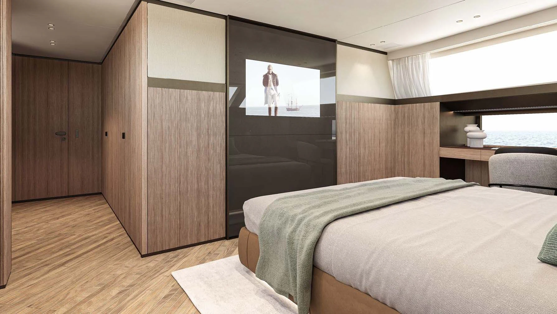 a room with a bed and a mirror aboard AKIRA Yacht for Sale