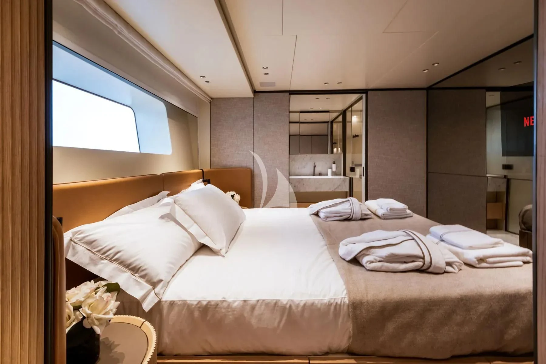 a hotel room with a bed aboard AKIRA Yacht for Sale
