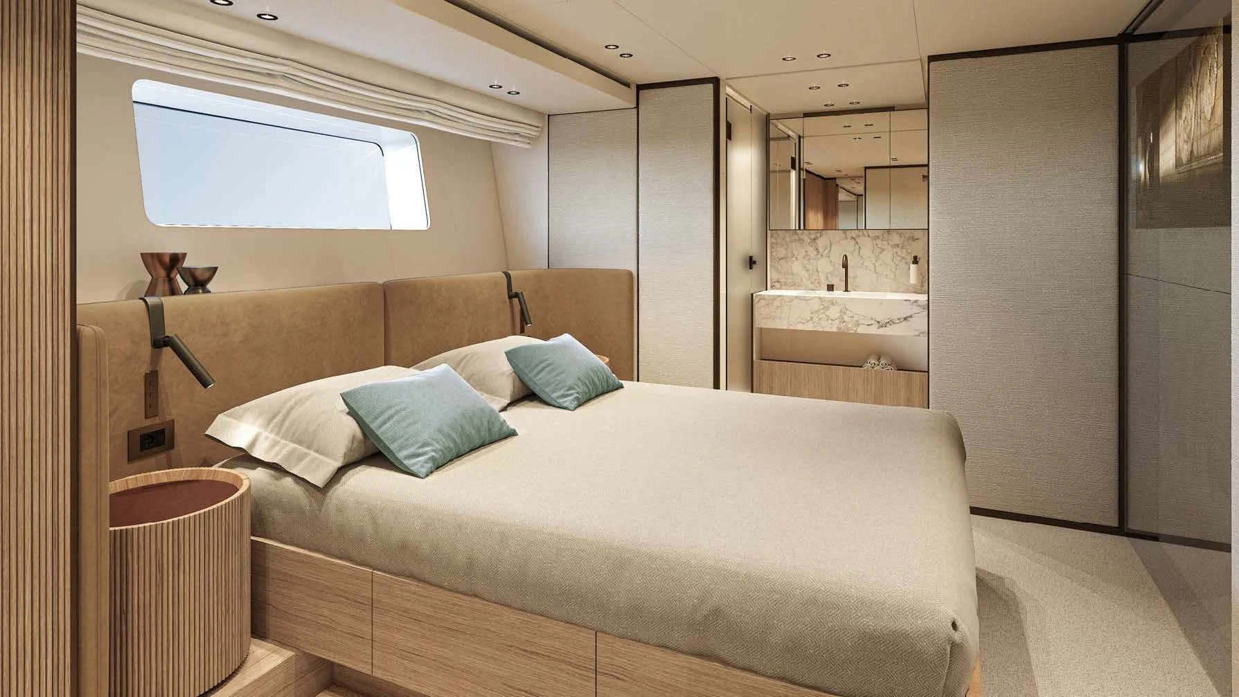 a bed in a room aboard AKIRA Yacht for Sale
