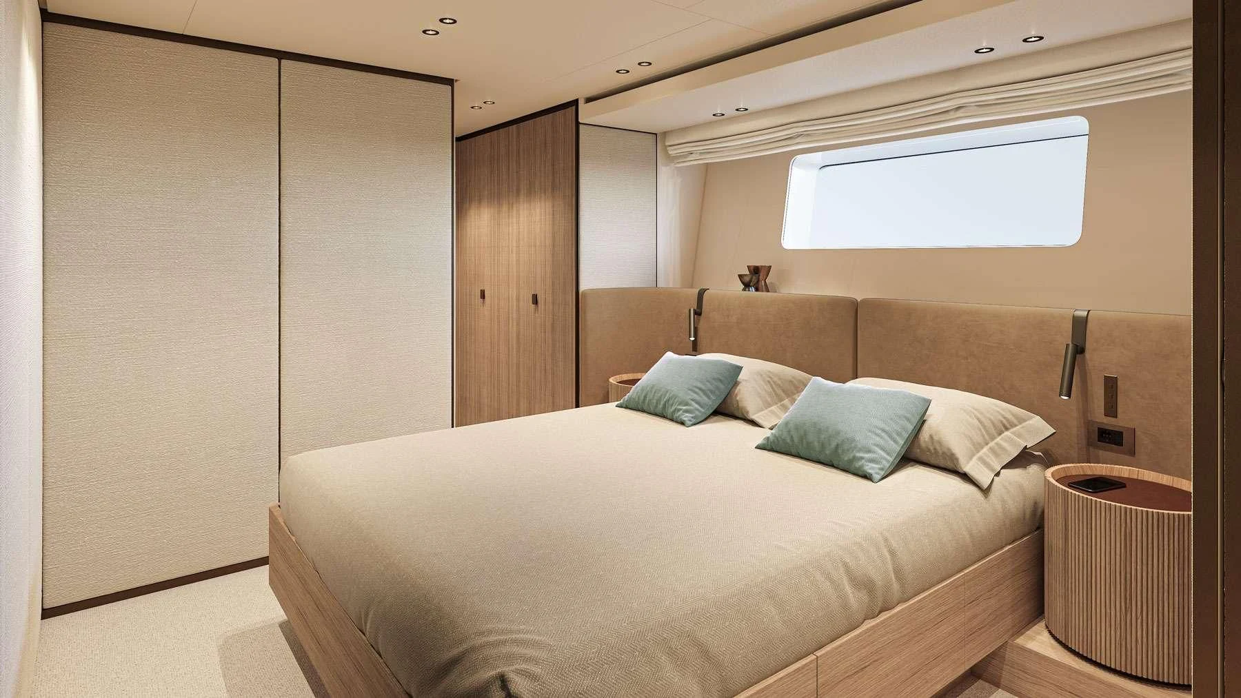 a bed in a room aboard AKIRA Yacht for Sale