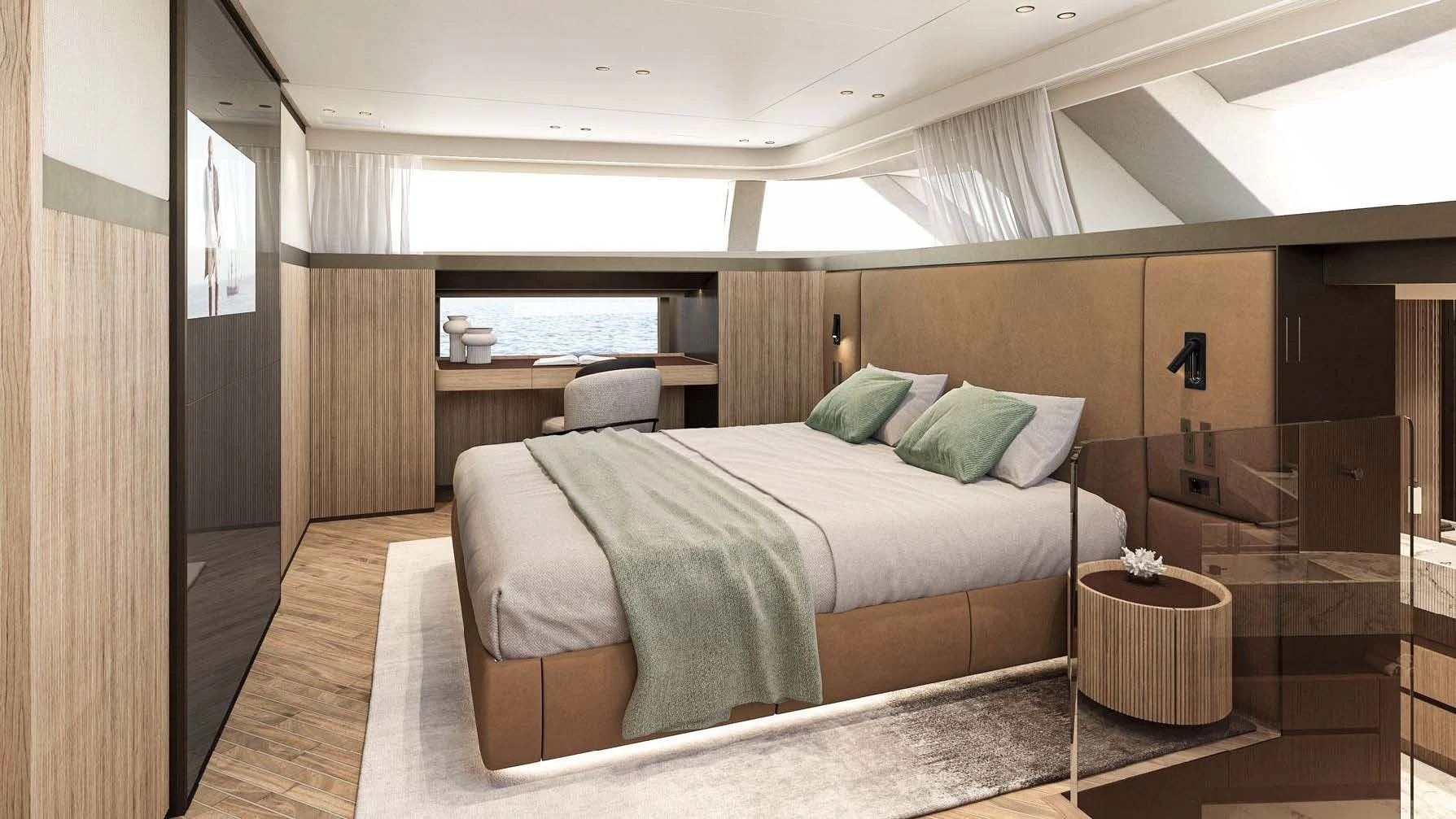 a bed in a room aboard AKIRA Yacht for Sale