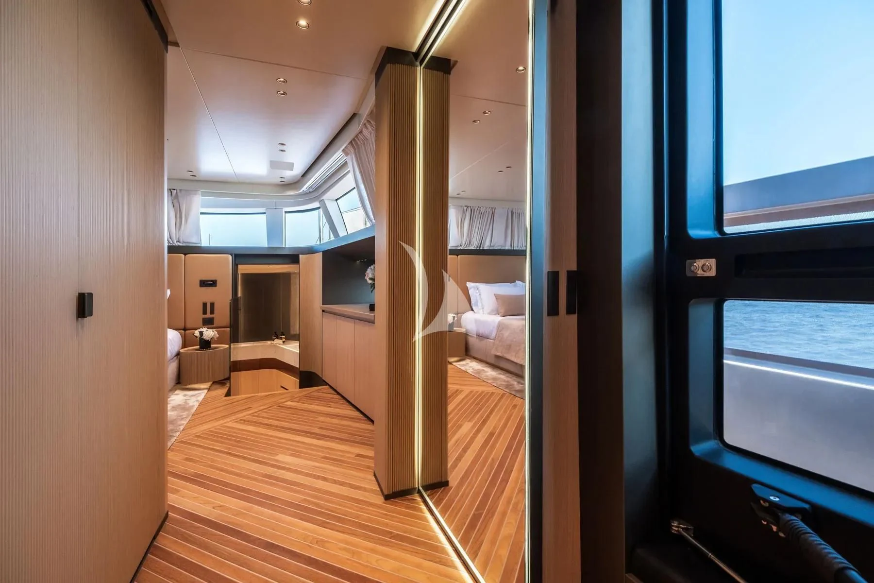 a room with a wood floor and a wood floor aboard AKIRA Yacht for Sale