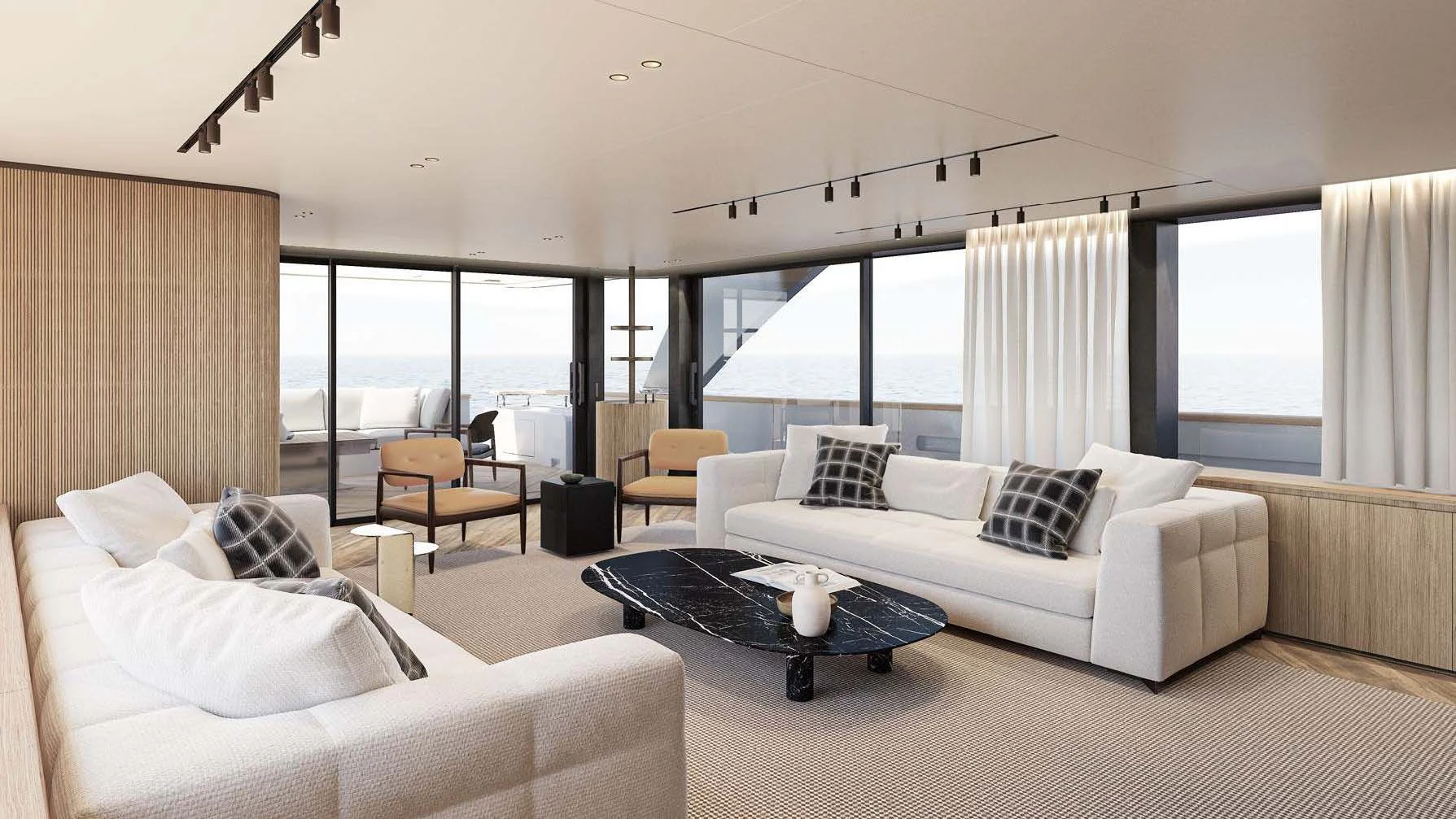 a living room with a large window aboard AKIRA Yacht for Sale