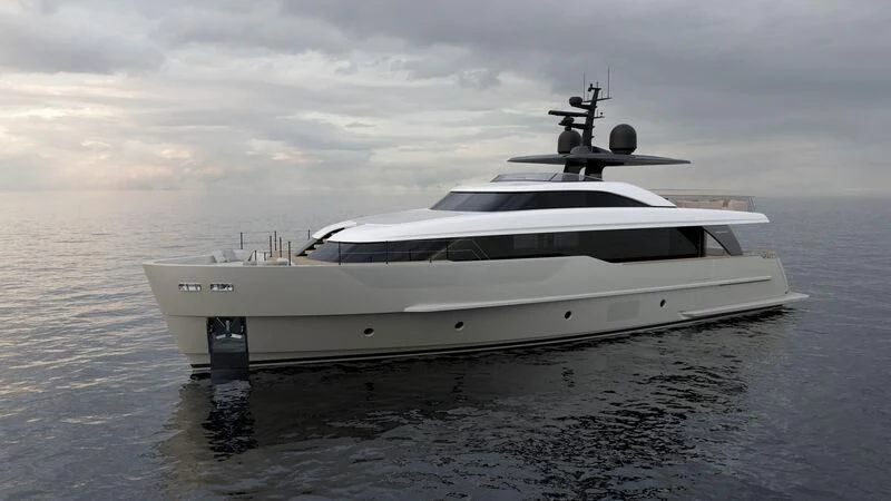 a white yacht in the water aboard AKIRA Yacht for Sale
