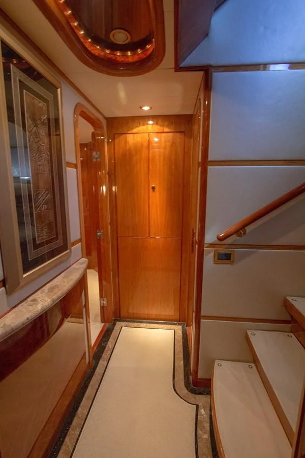 a bathroom with a large mirror aboard KISMET Yacht for Sale