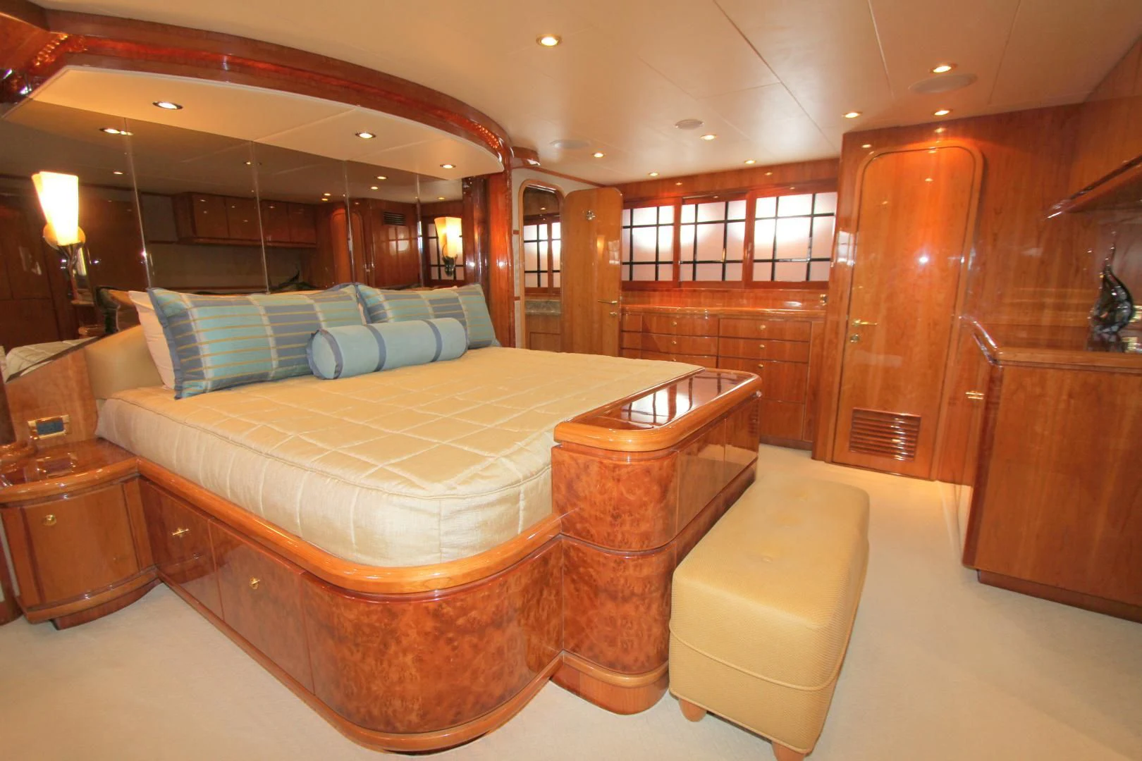 a large bed in a room aboard KISMET Yacht for Sale