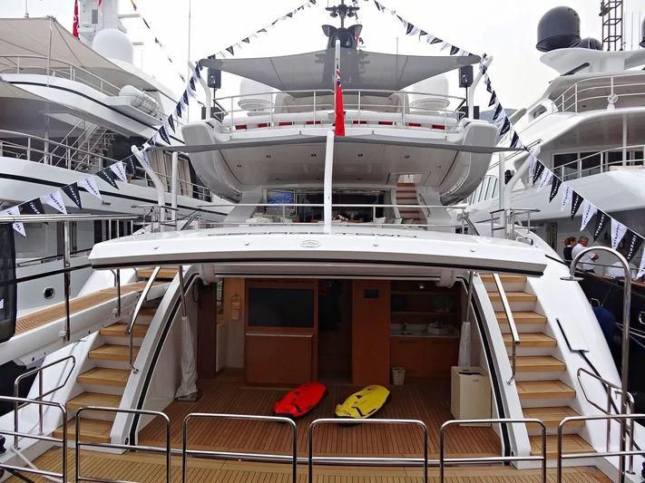 a boat with a deck and stairs aboard ELSEA Yacht for Sale