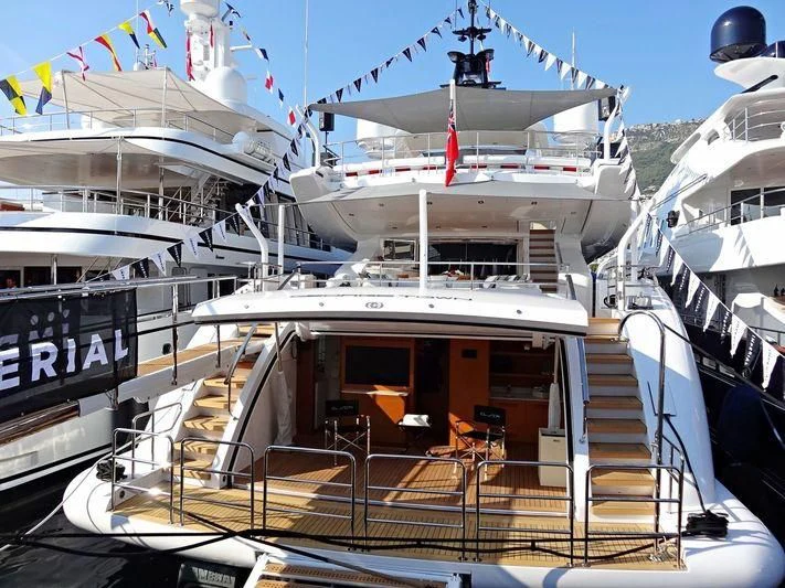 a large white boat with a staircase aboard ELSEA Yacht for Sale