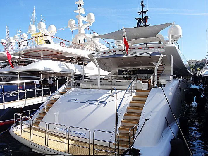a large white ship with stairs aboard ELSEA Yacht for Sale
