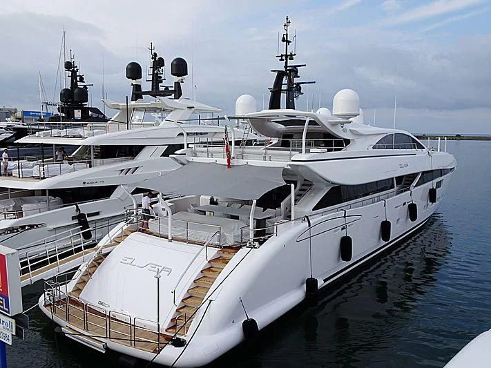 a large white boat docked aboard ELSEA Yacht for Sale