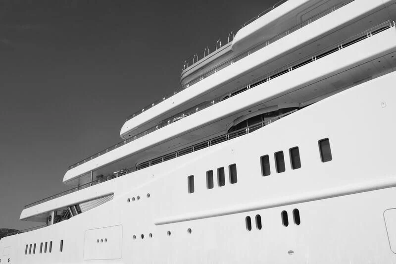 a black and white photo of a building aboard ECLIPSE Yacht for Sale