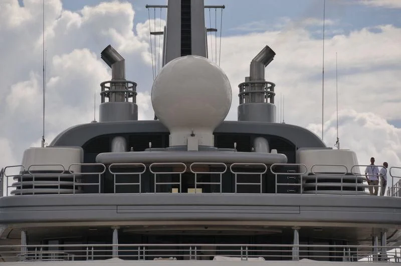 a large white boat with a large white tower on top aboard ECLIPSE Yacht for Sale