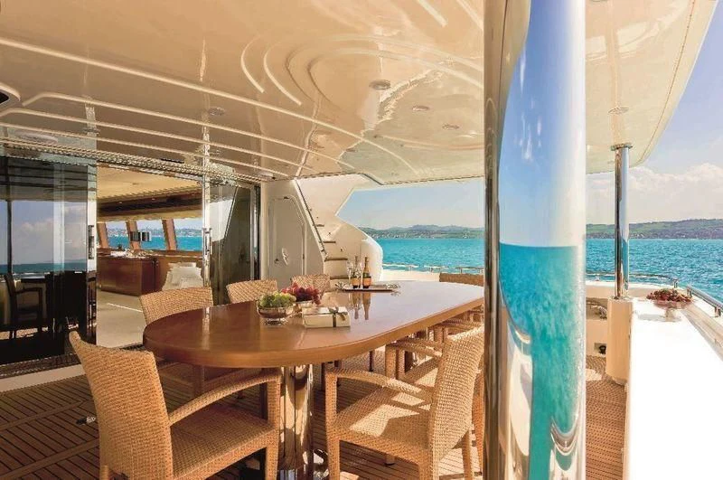 a table and chairs on a deck aboard BAMBINA Yacht for Sale