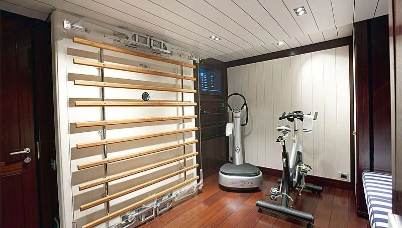 a room with a wood floor and a wood cabinet with a ladder and a wood floor aboard GALILEO Yacht for Sale