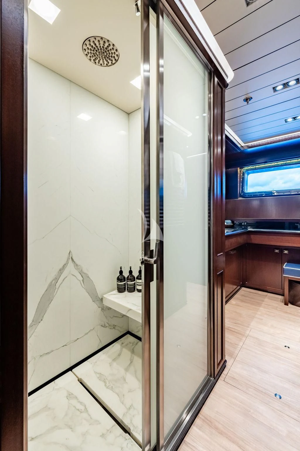 a large glass shower unit aboard GALILEO Yacht for Sale