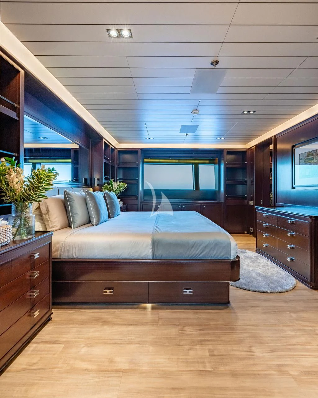 a bed in a room aboard GALILEO Yacht for Sale