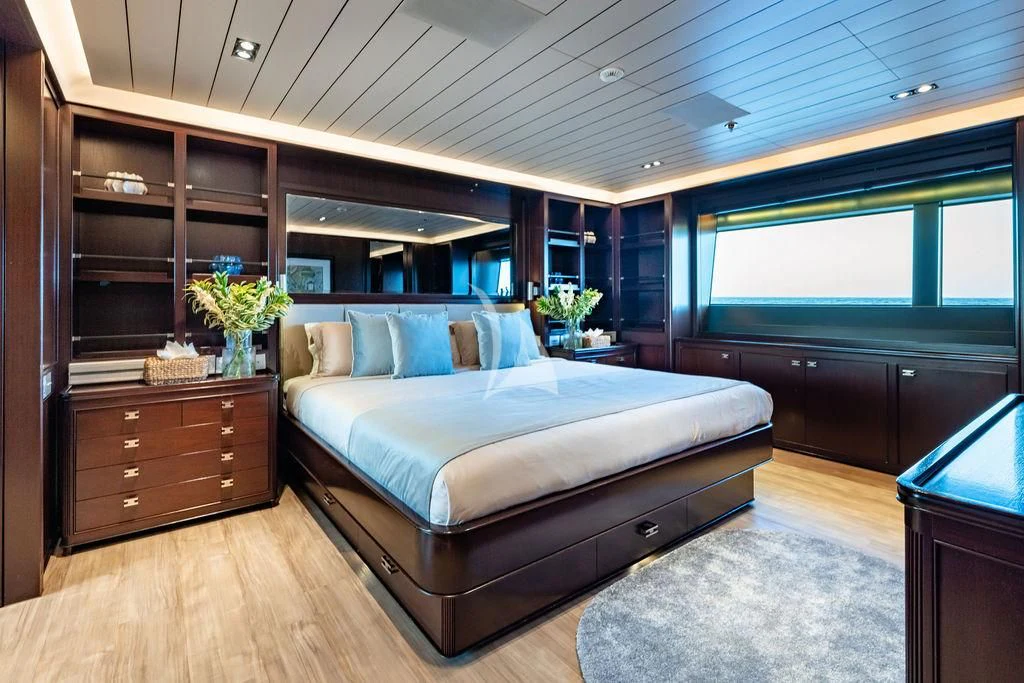 a bed in a room aboard GALILEO Yacht for Sale