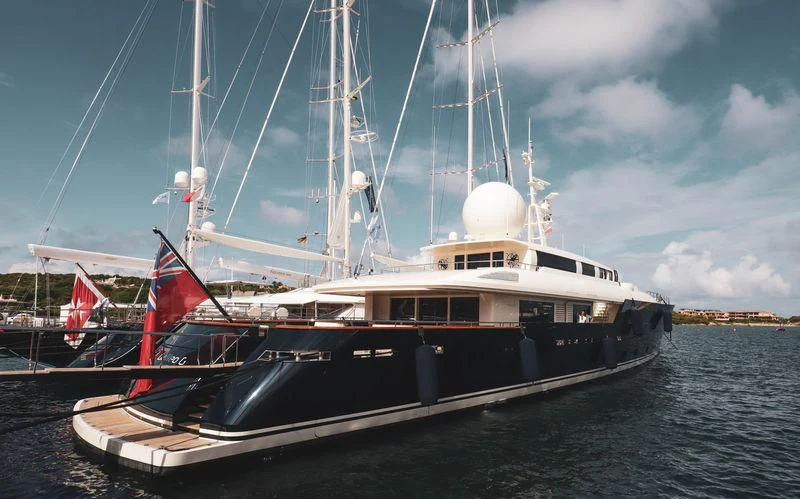 a large boat on the water aboard GALILEO Yacht for Sale