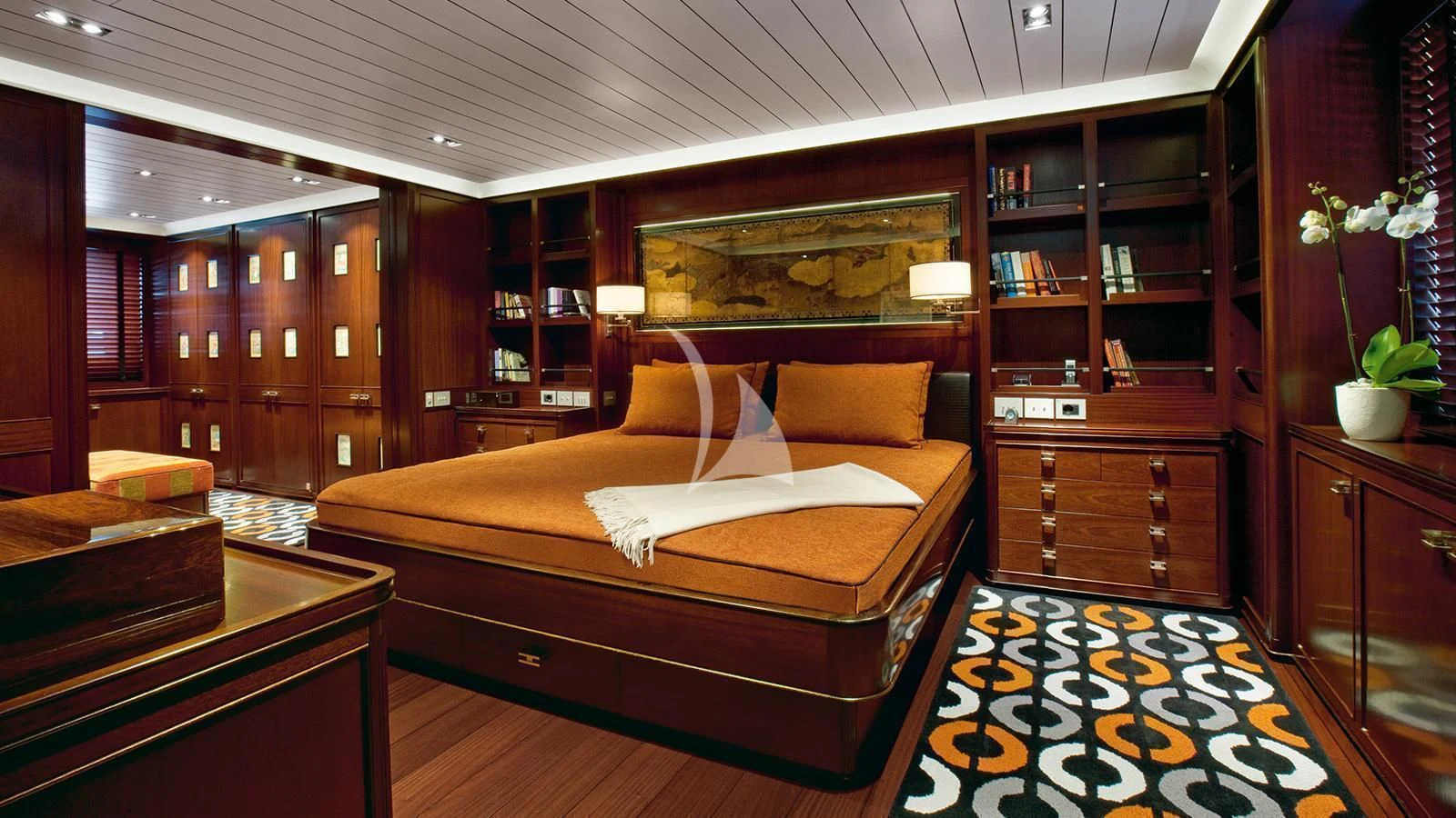a bed in a room aboard GALILEO Yacht for Sale