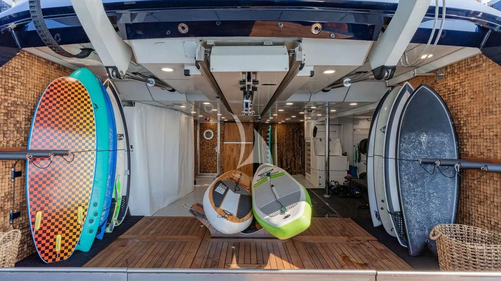 a large room with barrels aboard GALILEO Yacht for Sale