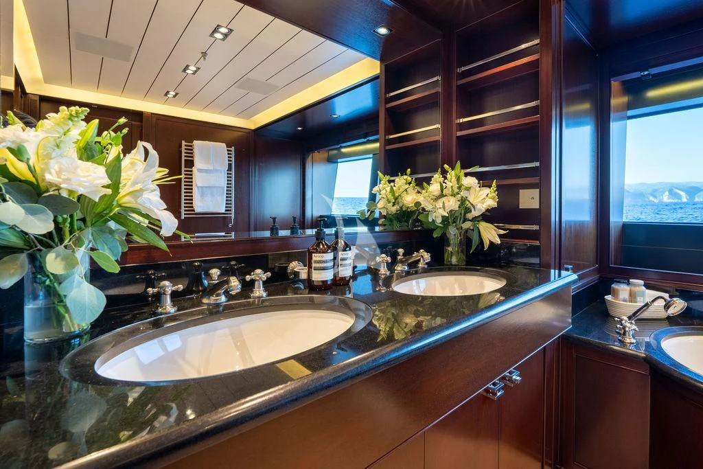 a bathroom with a large countertop aboard GALILEO Yacht for Sale