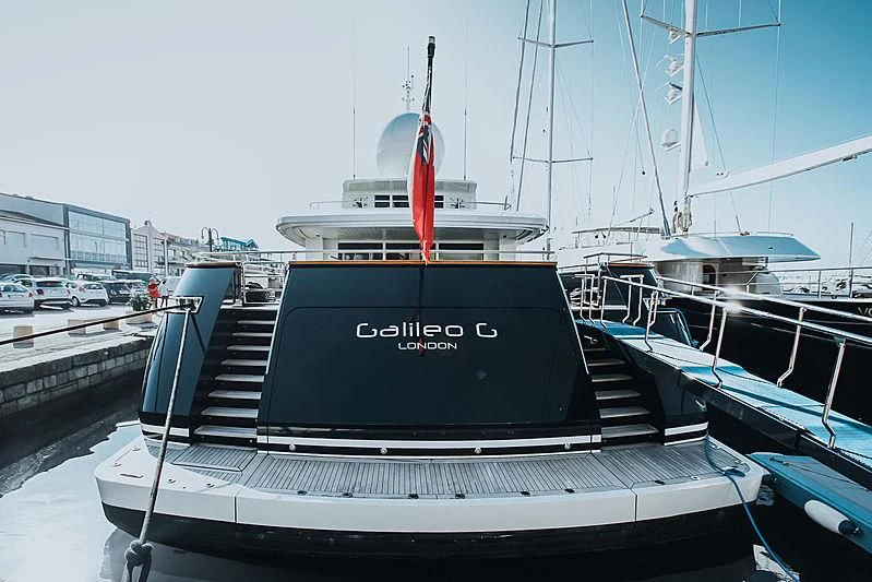 a boat parked at a dock aboard GALILEO Yacht for Sale
