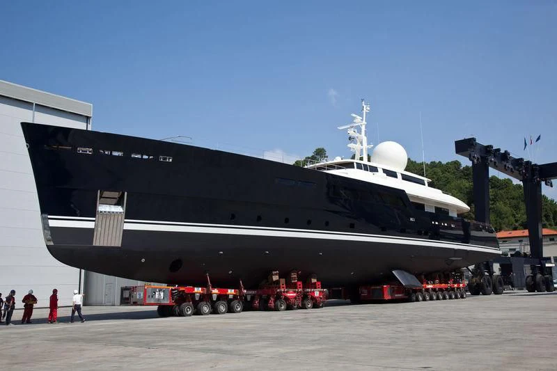a large military ship on a runway aboard GALILEO Yacht for Sale