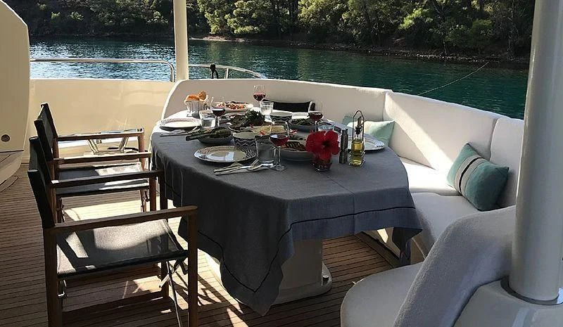 a table set for a meal on a boat aboard NATALIA Yacht for Sale