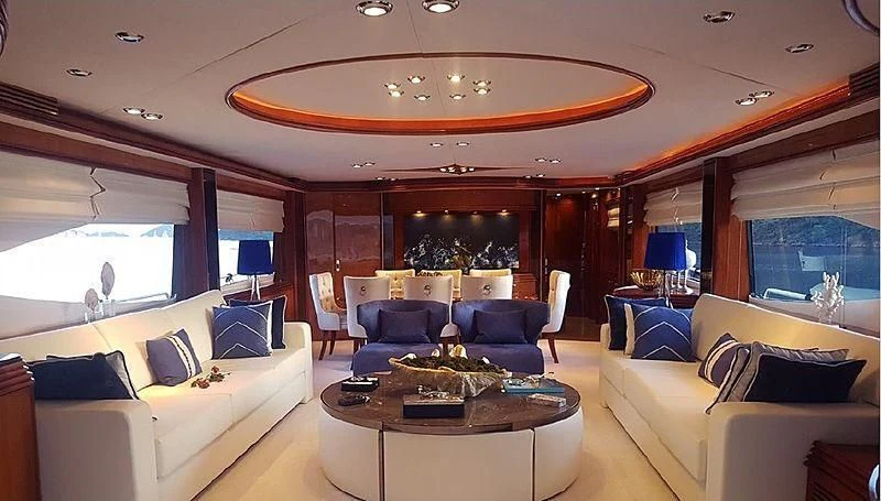 a living room with a large window aboard NATALIA Yacht for Sale
