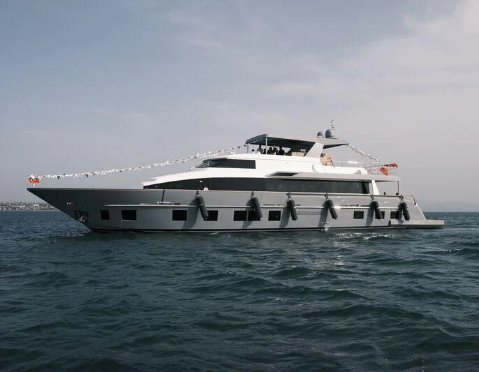 a white yacht in the water aboard NEWAL Yacht for Sale