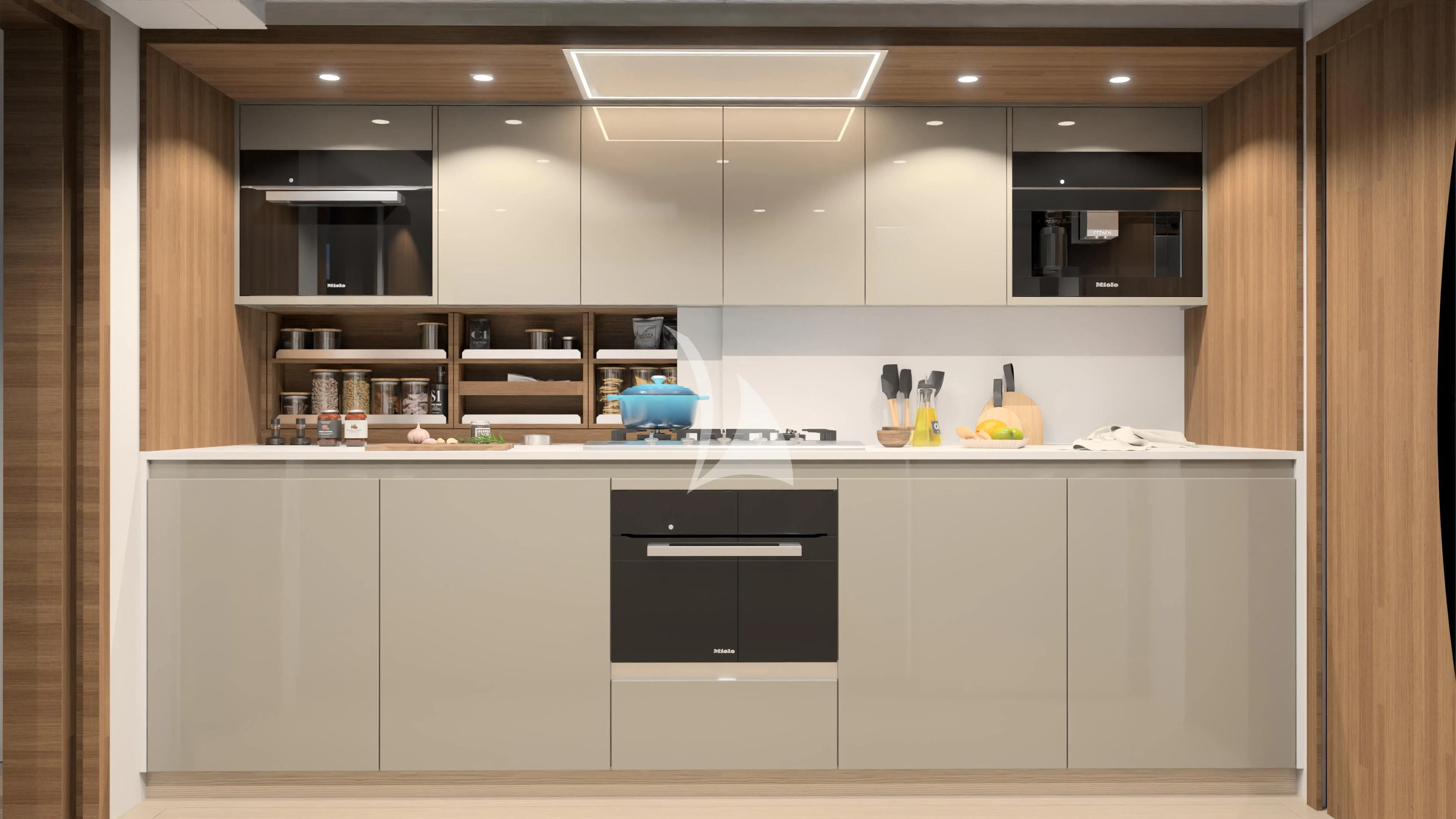 a kitchen with white cabinets aboard ALOIA Yacht for Charter