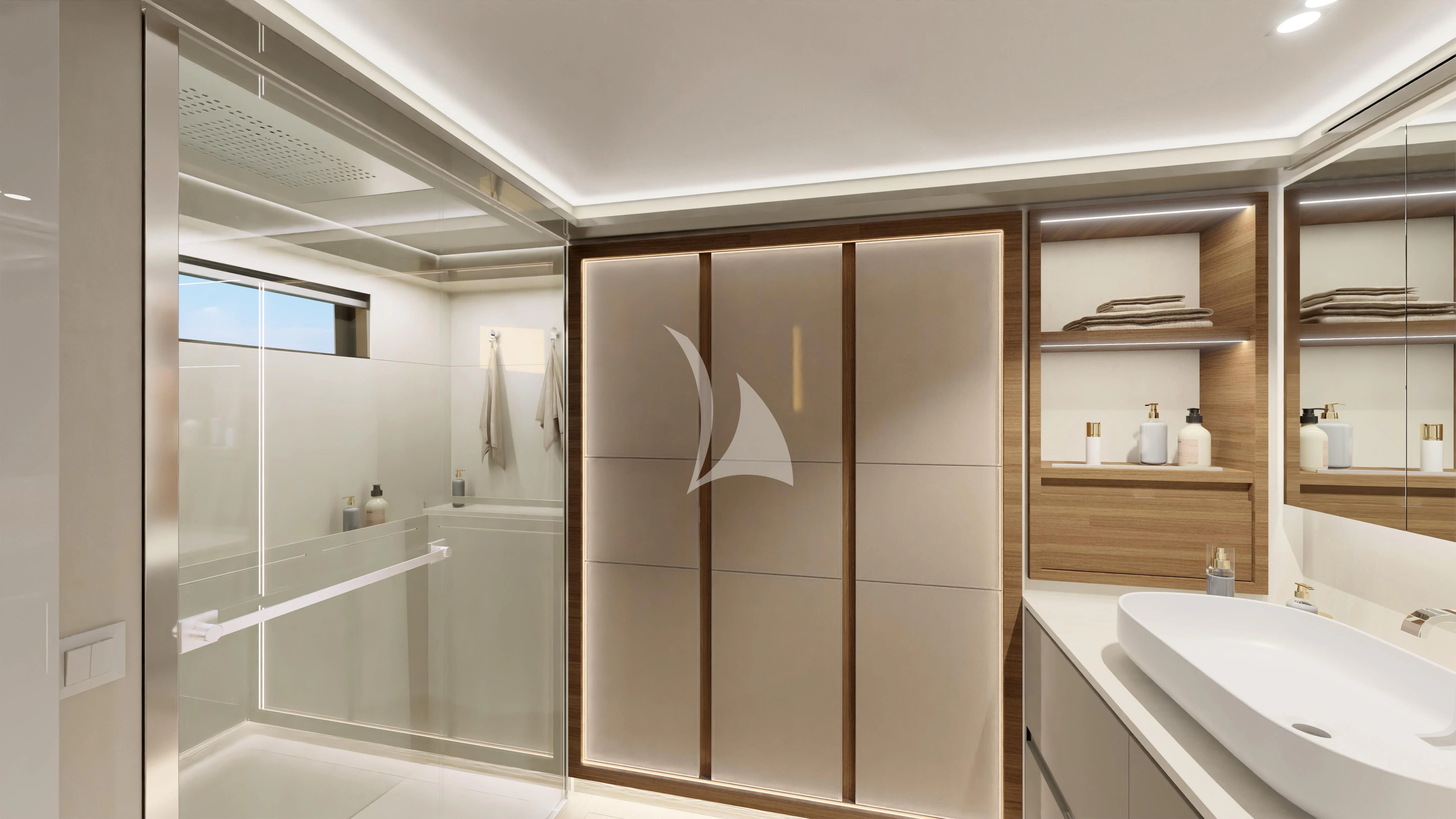 a bathroom with a glass shower aboard ALOIA Yacht for Charter
