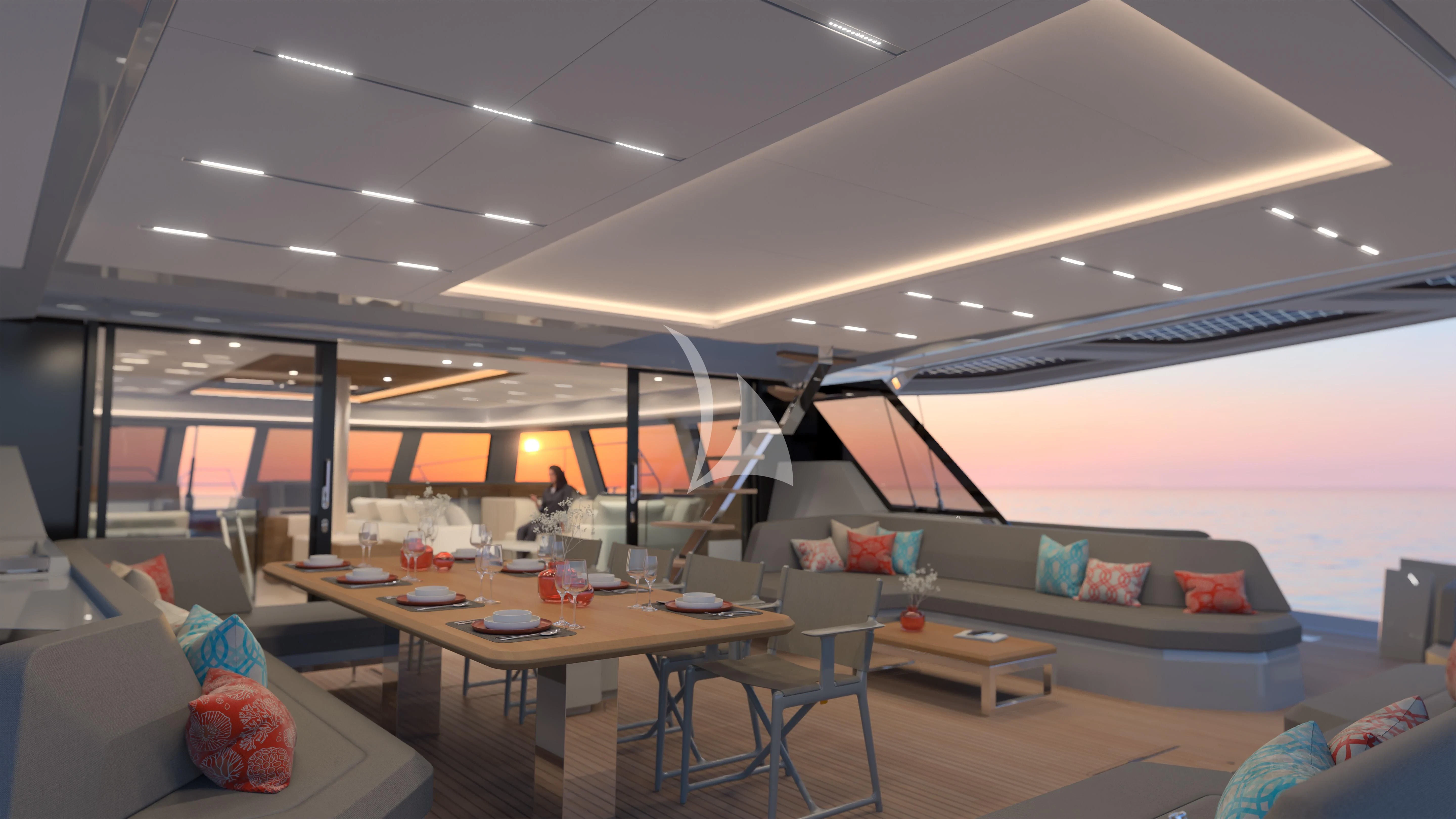 a room with a couch and a table and chairs aboard ALOIA Yacht for Charter