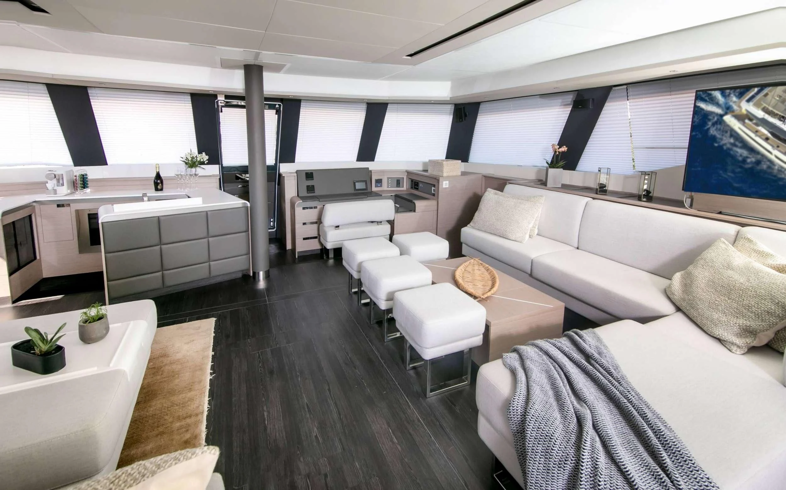 a room with a large window aboard ALOIA Yacht for Charter
