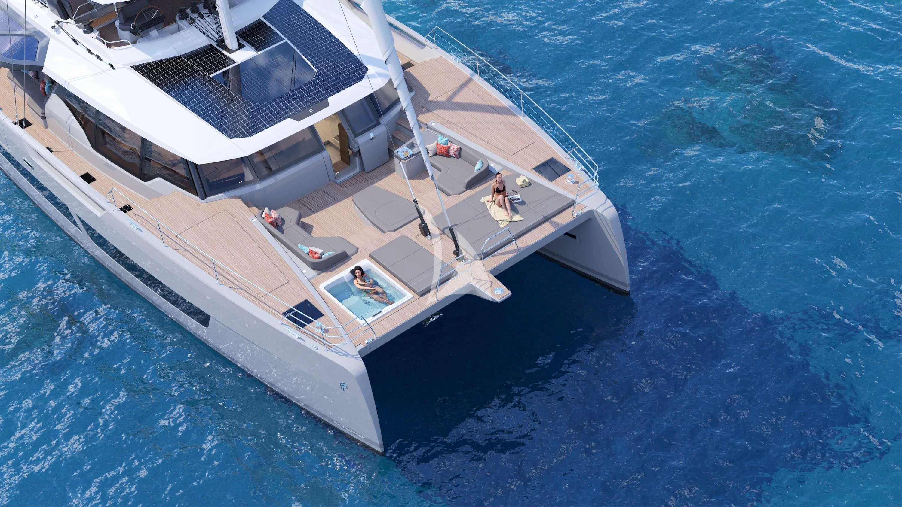 a high angle view of a boat aboard ALOIA Yacht for Charter