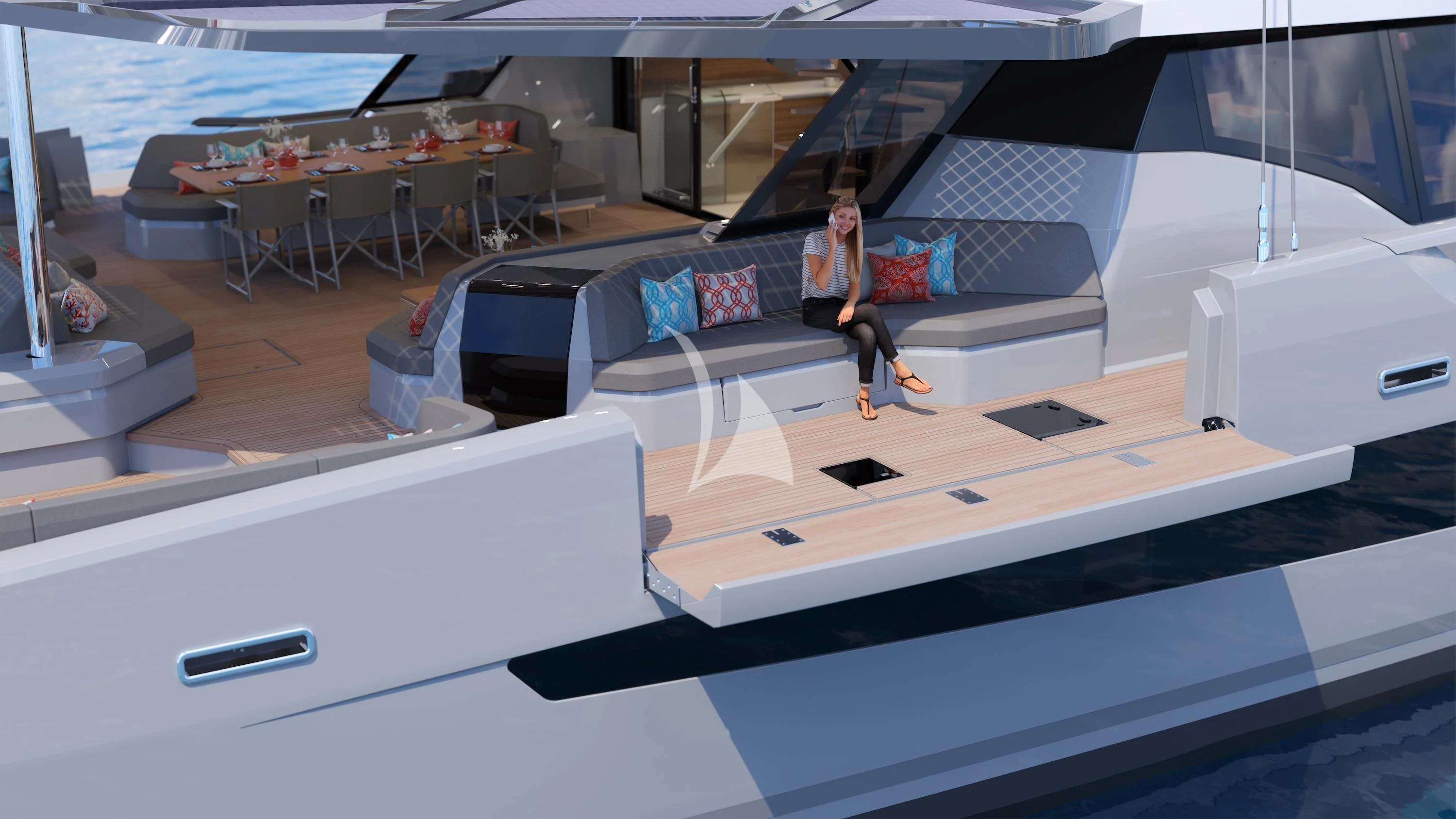 a person walking on a platform aboard ALOIA Yacht for Charter