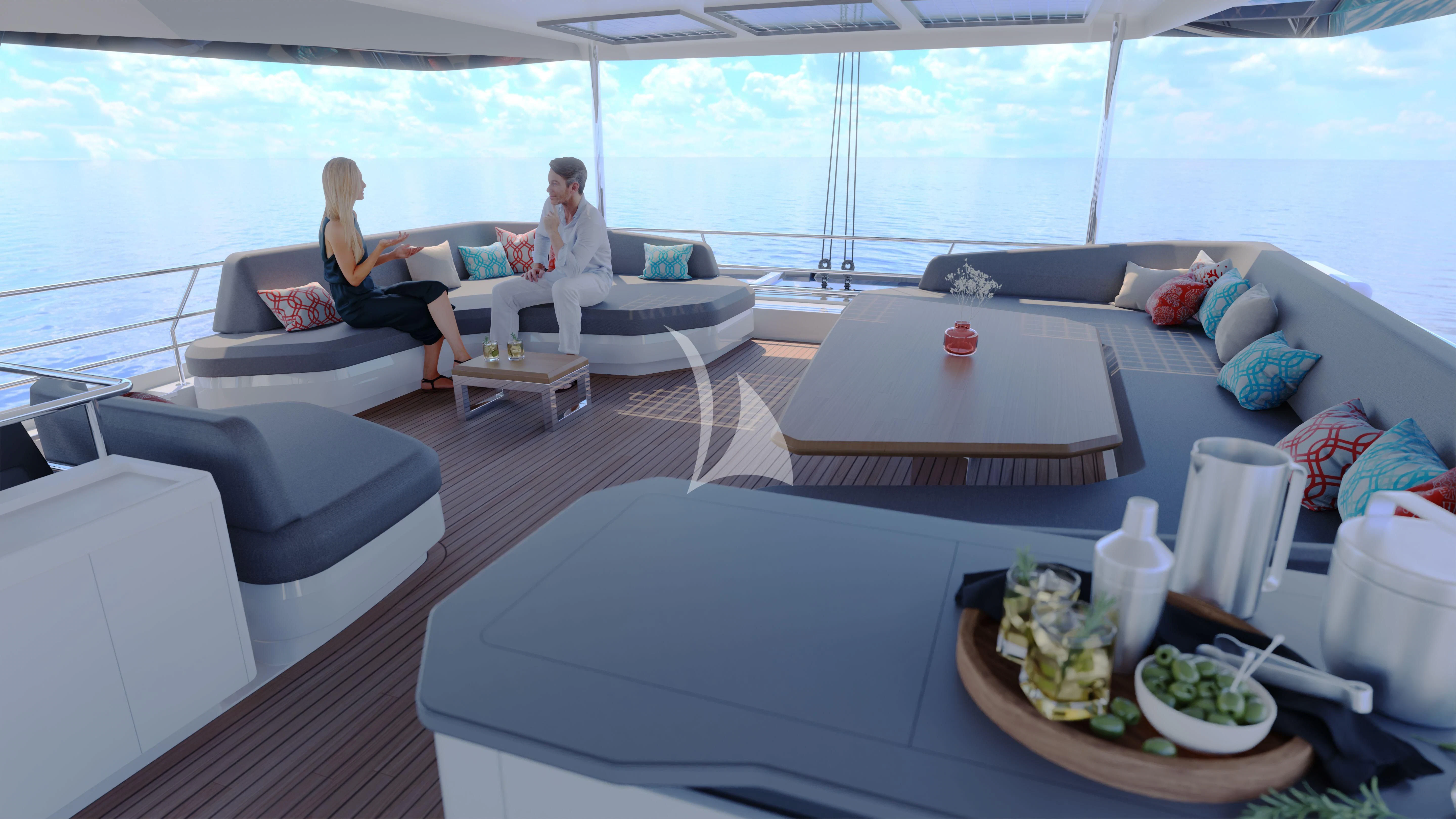 a couple of people sitting on a couch in a living room aboard ALOIA Yacht for Charter