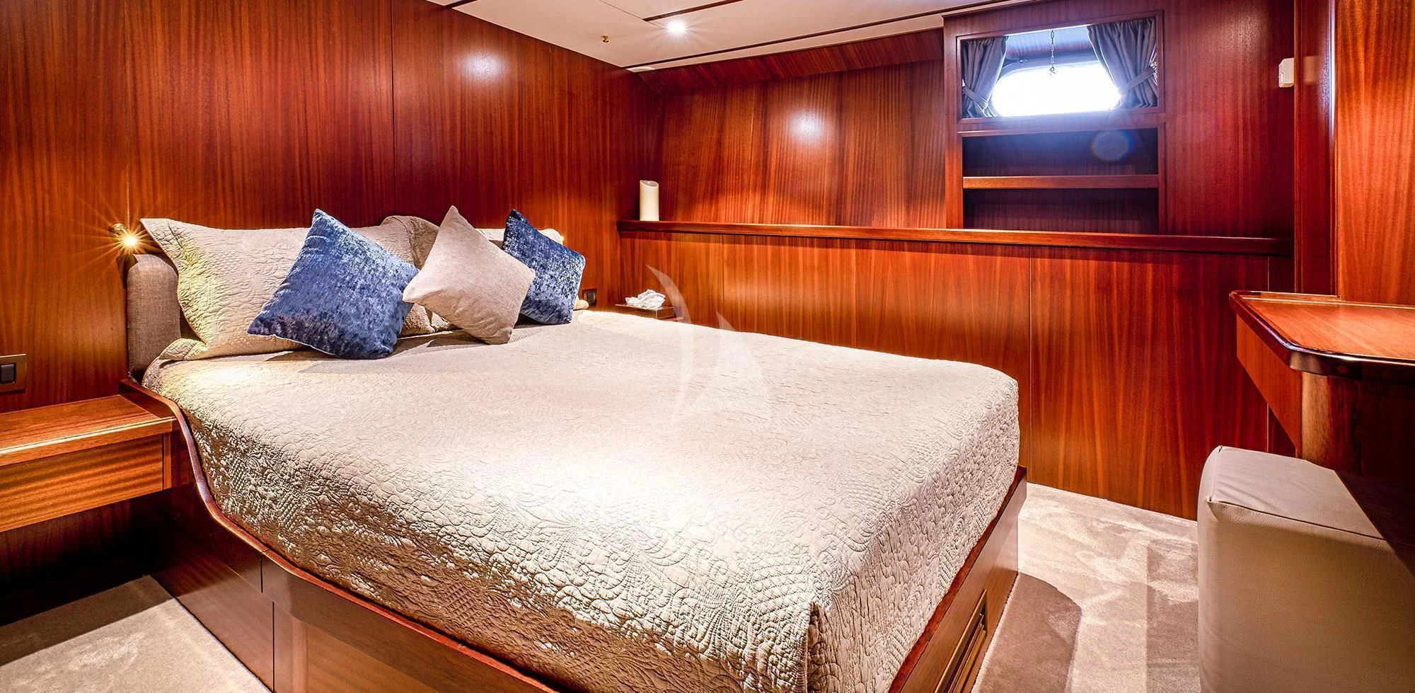 a bed with pillows aboard CHANTELLA Yacht for Sale