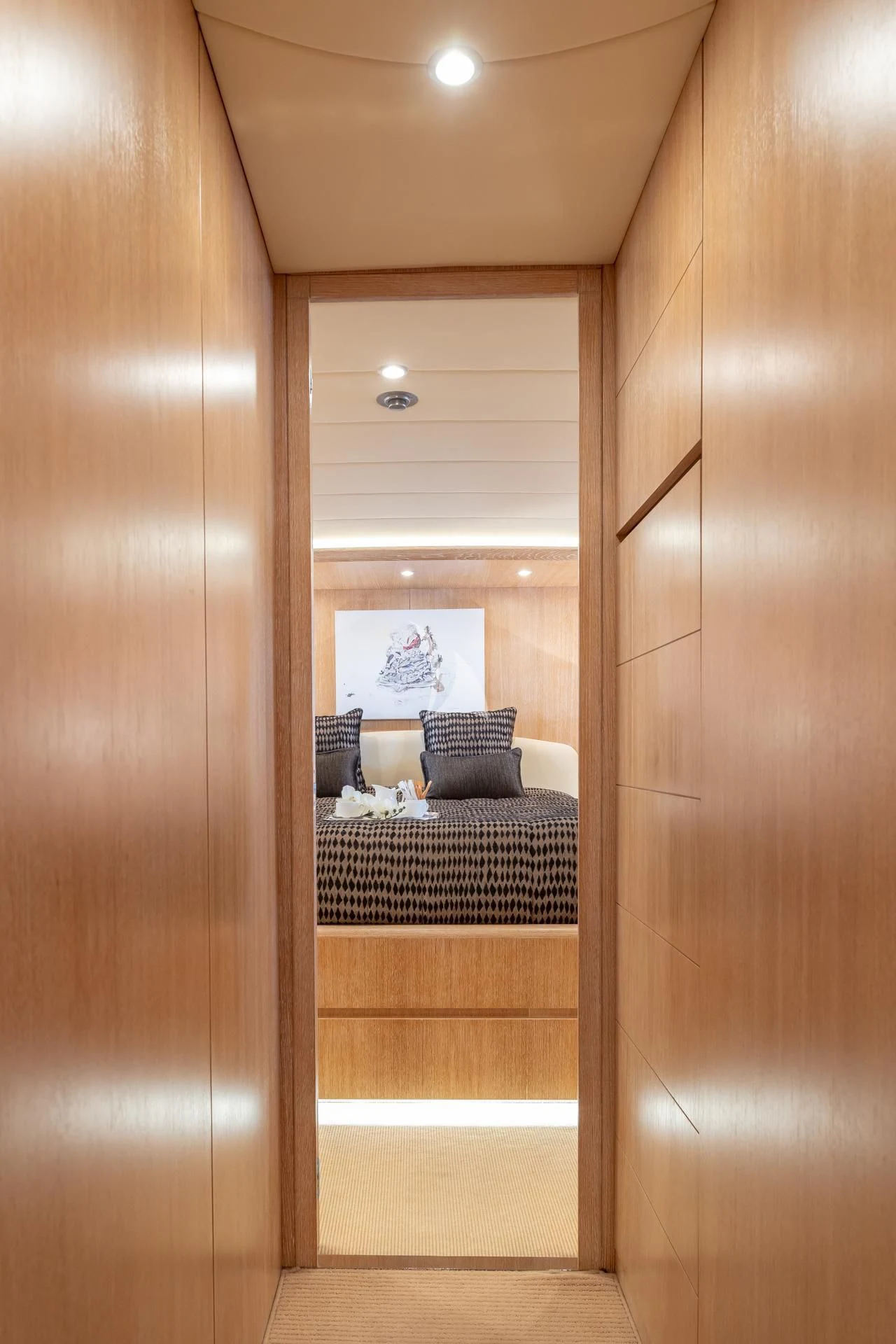 a room with a bed and a door aboard COOKIE Yacht for Charter