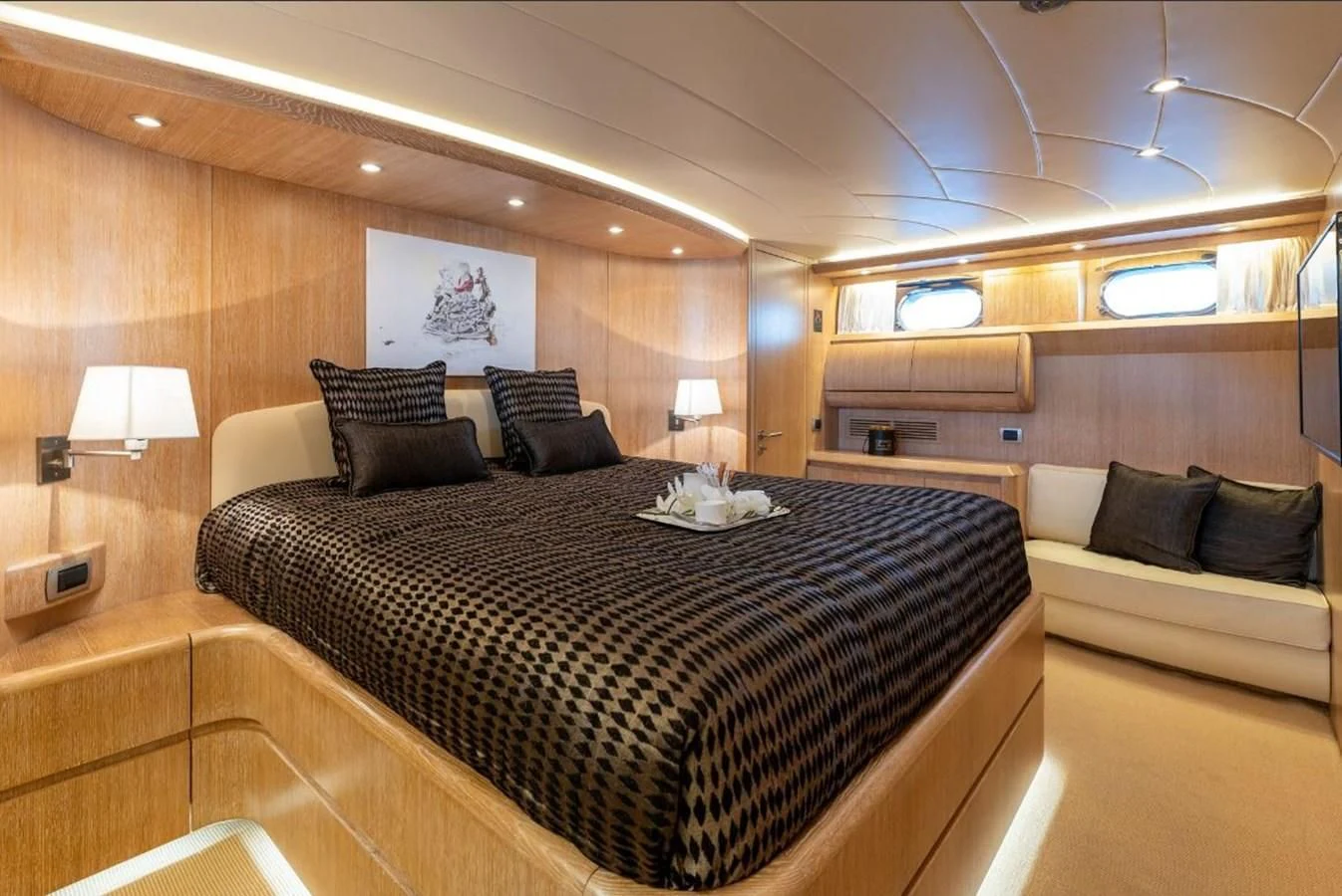 a large bed in a room aboard COOKIE Yacht for Charter