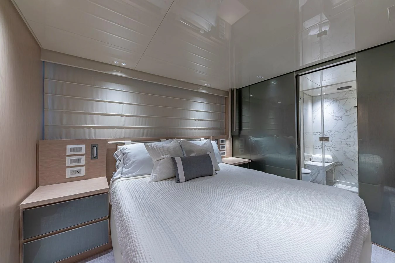 a bed in a room aboard MAVE Yacht for Sale
