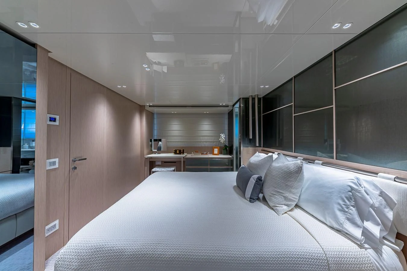a bed in a room aboard MAVE Yacht for Sale
