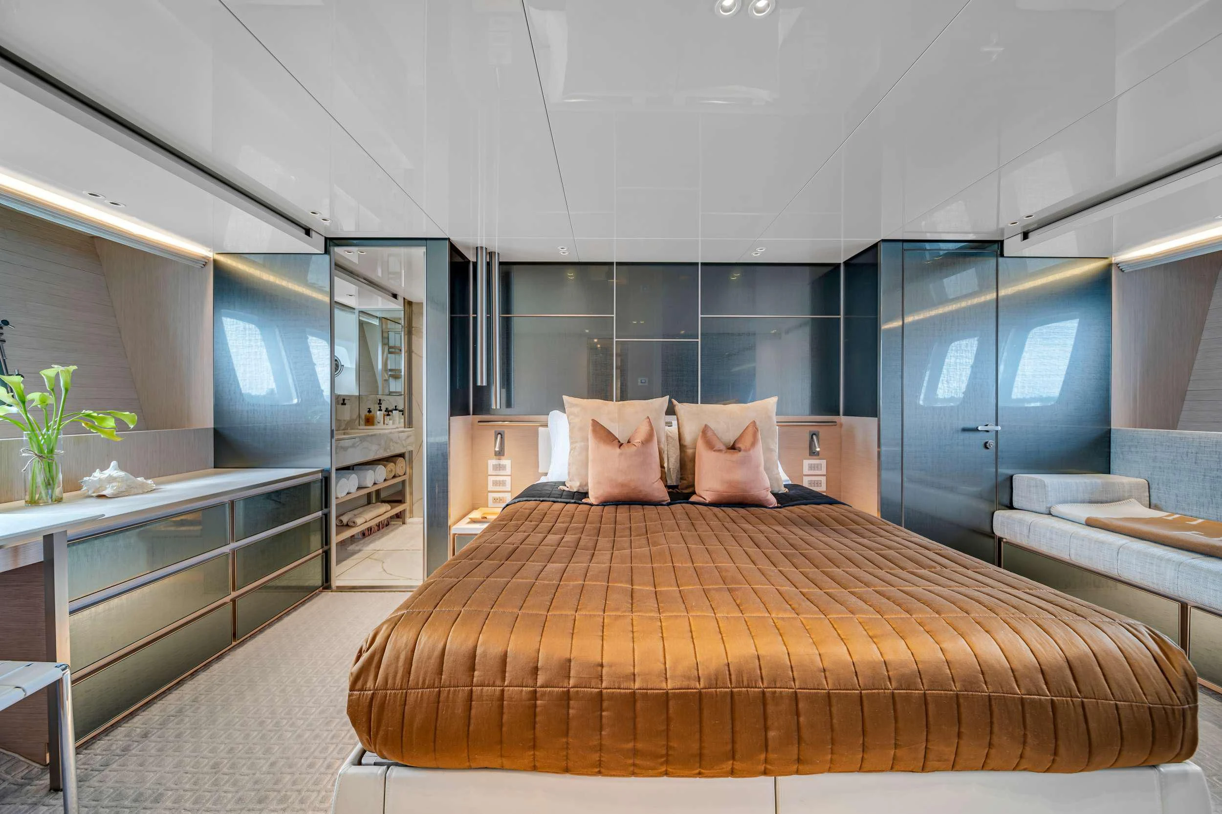 a bed in a room aboard MAVE Yacht for Sale