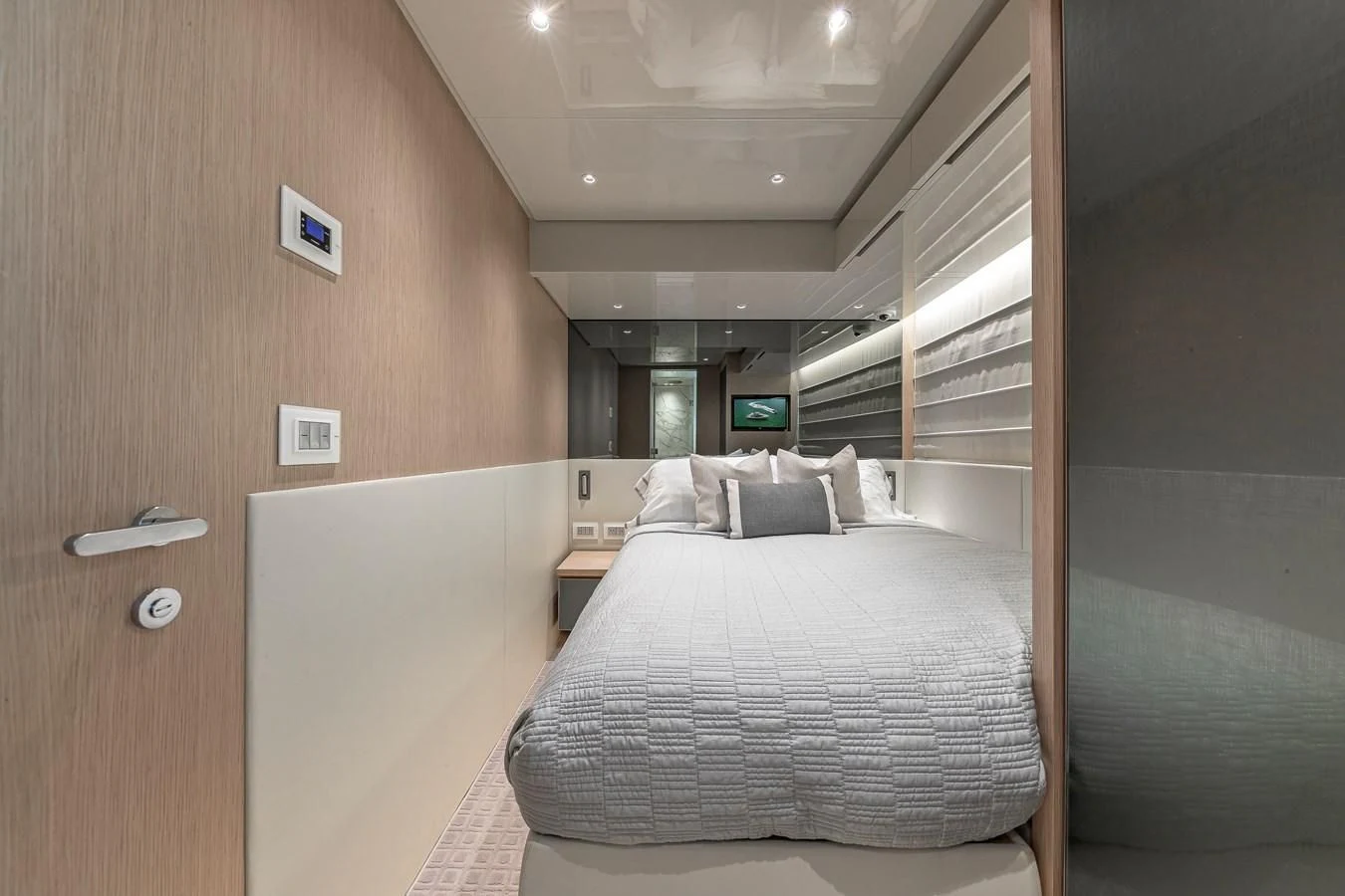 a bed in a room aboard MAVE Yacht for Sale